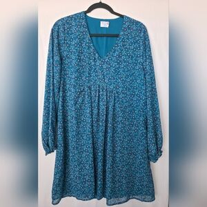 Time and Tru Boho Cottagecore Teal Ditsy Floral Peasant Balloon Sleeve Dress